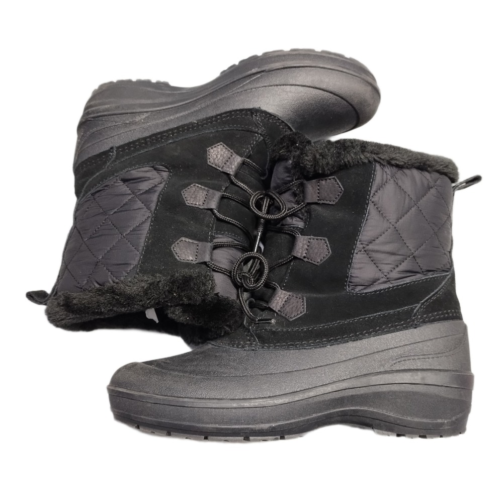 Lands' End Winter Boots Womens Size 9B Black Faux Fur Lined Quilted Waterproof